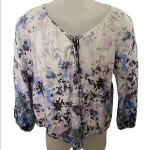 LOVESTITCH Purple & Blue Floral Blouse W/ Tassel Tie Love Stitch Women S Small